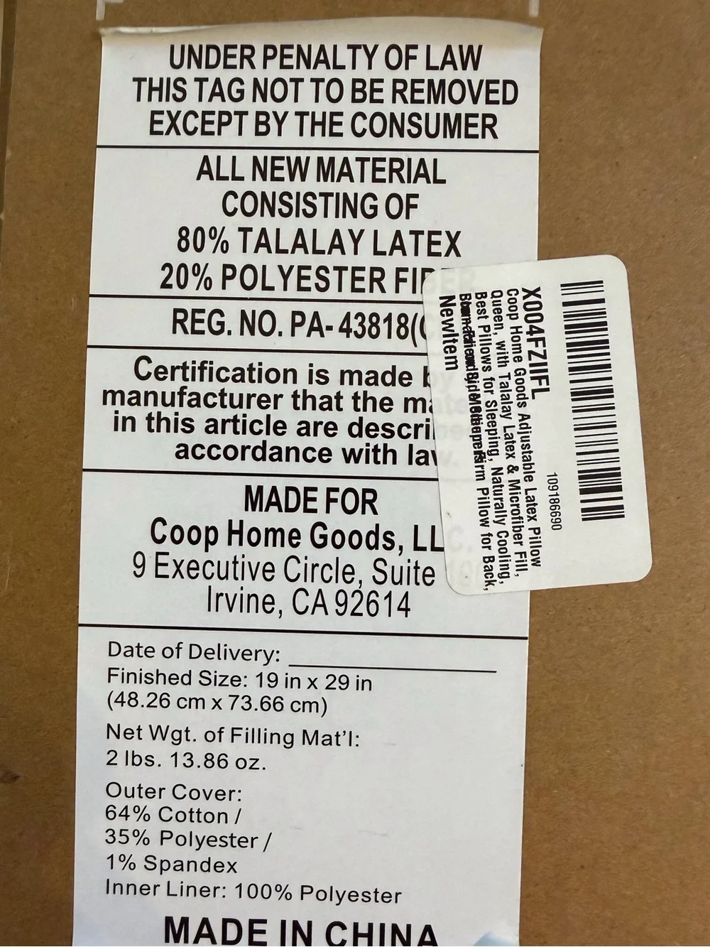 Coop Sleep Goods Ethosource Adjustable Latex Pillow 19x29 NIB Extra Oomph Fill